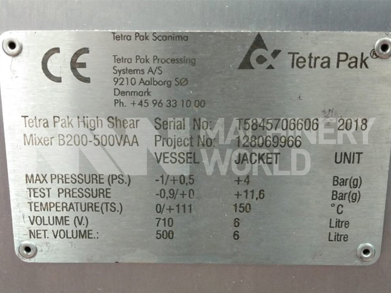 500 Ltr Tetra Pak Tetra Scanima B200-500VAA Jacketed Vacuum Universal High Shear Mixer (Year 2018) - Image 2