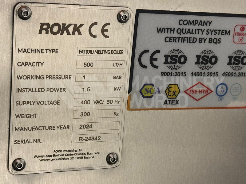 500 Ltr ROKK RMELT-500 Jacketed Frozen Fat Oil Butter Chocolate Batch Melter (Brand New) - Image 7