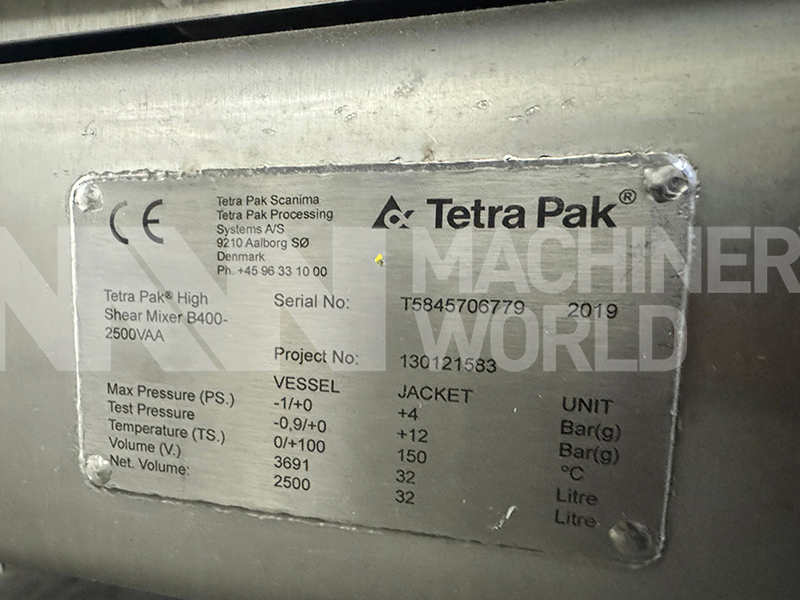 2,500 Litre Tetra Pak Tetra Scanima B400-2500VAA Jacketed Vacuum Universal High Shear Mixer – Year 2019 (2x Available) - Image 9