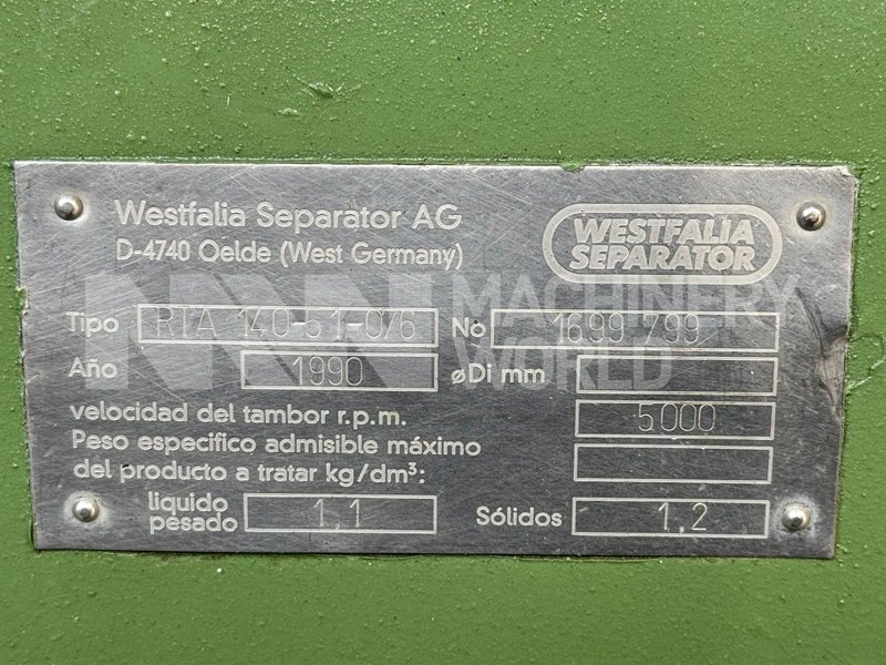 12,000 LPH Westfalia RTA 140-51-076 Solid Bowl Clarifier Centrifuge - Image 2
