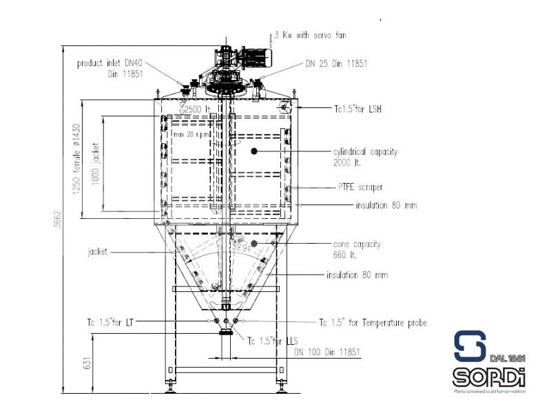 2,500 Ltr Sordi 316 Grade Stainless Steel Jacketed Tank with Sharp Conical Bottom and Scraped Surface Mixer (Year 2022 - NEVER USED) - Image 2
