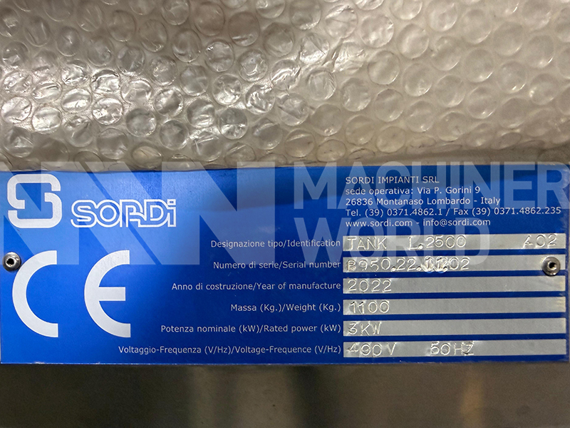 2,500 Ltr Sordi 316 Grade Stainless Steel Jacketed Tank with Sharp Conical Bottom and Scraped Surface Mixer (Year 2022 - NEVER USED) - Image 5